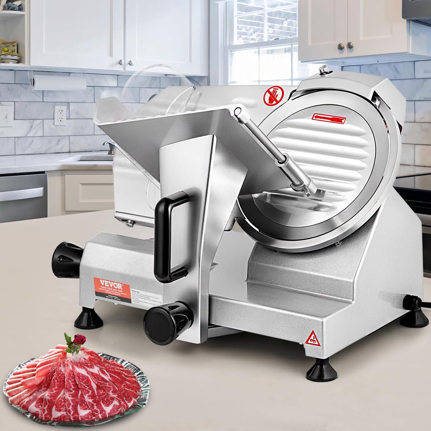 VEVOR Commercial Meat Slicer, 200W Electric Deli Food Slicer, 0-12mm Adjustable Thickness Electric Meat Slicer, 350-400RPM Slicer with 8.7'' Chromium-plated Steel Blade for Home & Commercial Use