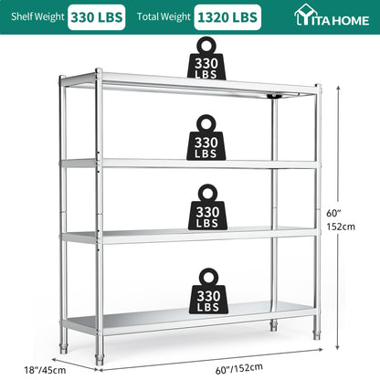 YITAHOME NSF Stainless Steel Shelves, 60"*18"*60" 4 Tier Storage Shelf, Heavy Duty Shelving for Kitchen Garage Office Restaurant Warehouse, 201 Bright Silver