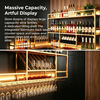 RAJYQODIS 59in Wall Mounted Wine Rack, Floating Industrial Liquor Glass Holder 3 Tiers, Large Metal Wine Bottle Display Rack Hanging Shelf, for Home Bar Dining Room Decorative