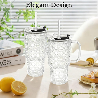 Snextek 18oz Glass Tumbler with Lid, Glass Straw & Handle, 2-Piece Set, Thickened for Iced Coffee, Smoothies, Cocktails, Home Office Travel (Gemstone)