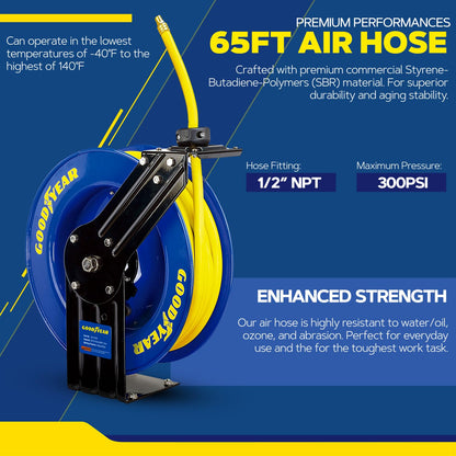 Goodyear Air Hose Reel Retractable 1/2" Inch x 65' Foot SBR Rubber Hose Max 300PSI Heavy Duty Industrial Steel Single Arm Construction