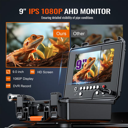 Hialemi Portable 9'' Sewer Camera Pipe Inspector - 100Ft/30M Self Leveling Drain Camera & Meter Counter & 5X Zoom - 145° Plumbing Pipe Inspection Cam with Lights - 1080P IPS Screen & DVR 32GB