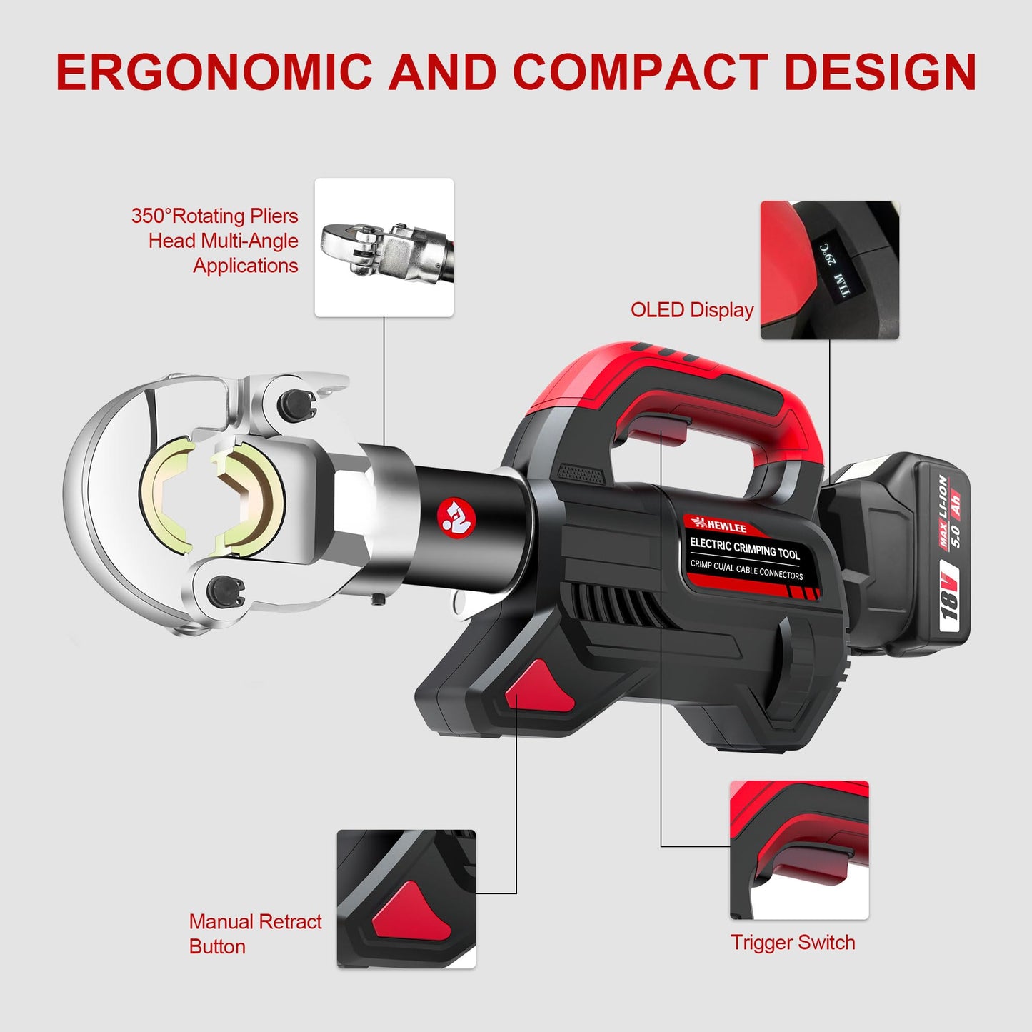HHEWLEE Electric Wire Cable Crimper Battery Powered Hydraulic Crimping Tool Range 8AWG to 600MCM with 12 Dies, Electricians for Circuit Repairs and Stainless Steel Deck Upgrades (HL-300K)