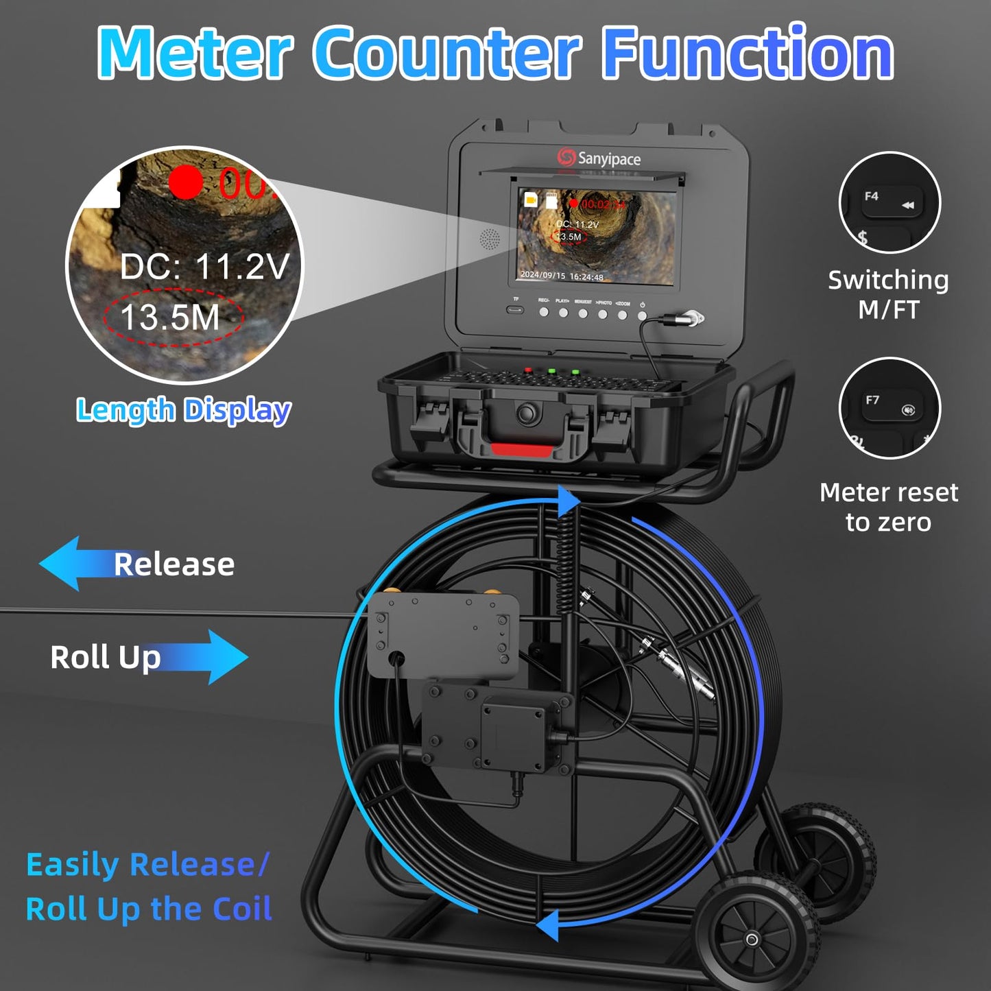 Sanyipace Sewer Camera 230FT/70M with 512Hz Transmitter, Self-Leveling, Drain Plumbing Pipe Inspection Camera with Mic Speaker, DVR Recorder, 16GB TF Card, 9mm Rigid Cable, Pipe Pulley Guide Wheel