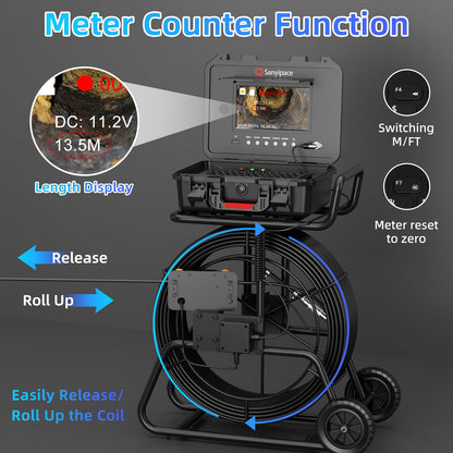 Sanyipace Sewer Camera 230FT/70M with 512Hz Transmitter, Self-Leveling, Drain Plumbing Pipe Inspection Camera with Mic Speaker, DVR Recorder, 16GB TF Card, 9mm Rigid Cable, Pipe Pulley Guide Wheel