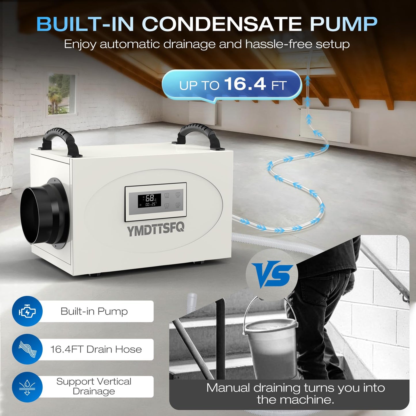 155 pint crawl space dehumidifier is suitable for basements, shopping malls, homes and industrial water damage restoration projects, App Operation with a maximum coverage area of 7,000 square feet
