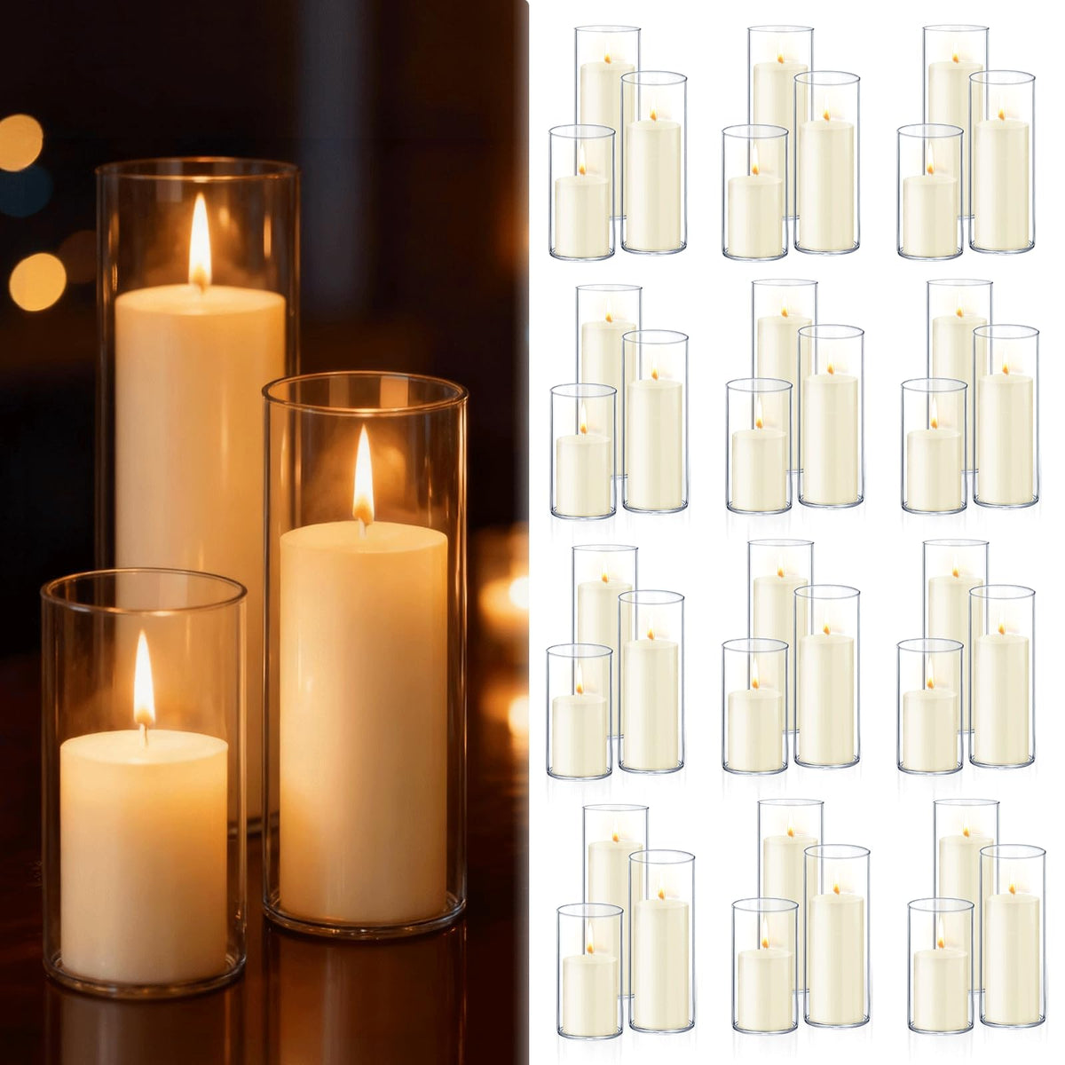 72 PCS Ivory White Pillar Candles with Glass Candle Holders Clear Hurricane Candle Holders Glass Cylinder Vases for Centerpieces Wedding Party, Event, Home Office (36 Candles+36 Candle Hoders)