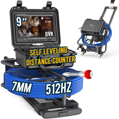 Anysun Sewer Camera with 512hz Sonde 150ft, Self Leveling Sewer Inspection Camera with Distance Counter, 7MM Diameter Cable with Trolley and Wheels, 9" HD Monitor with DVR Drain Pipe Camera(32GB Card)