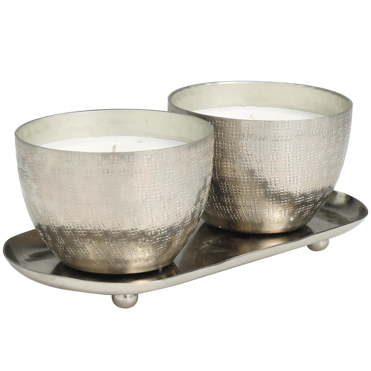 Deco 79 Metal Decorative Candle Campfire Scented Grid Patterned 10 oz 1 Wick Aromatherapy Candle with White Wax, Set of 2 Wax Aromatherapy Candle 10" W, 4" H, Silver