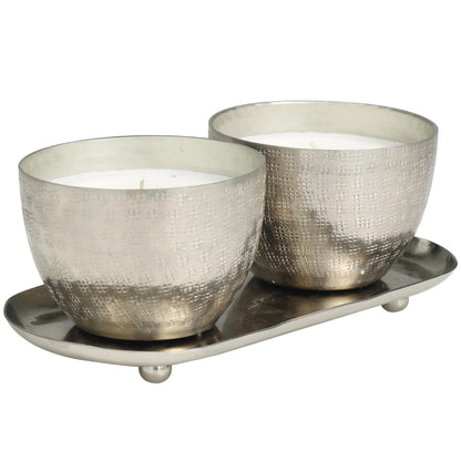 Deco 79 Metal Decorative Candle Campfire Scented Grid Patterned 10 oz 1 Wick Aromatherapy Candle with White Wax, Set of 2 Wax Aromatherapy Candle 10" W, 4" H, Silver