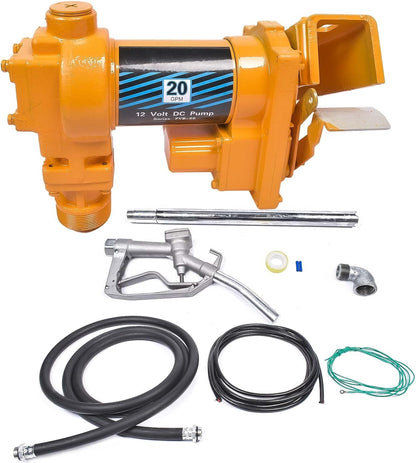 Weonefit 20GPM 12V Yellow Fuel Transfer Pump 50amp Fuse with Discharge Hose & Manual Nozzle for Transfer of Gasoline, Diesel, Kerosene, Ethanol & Methanol Blends & Biodiesel