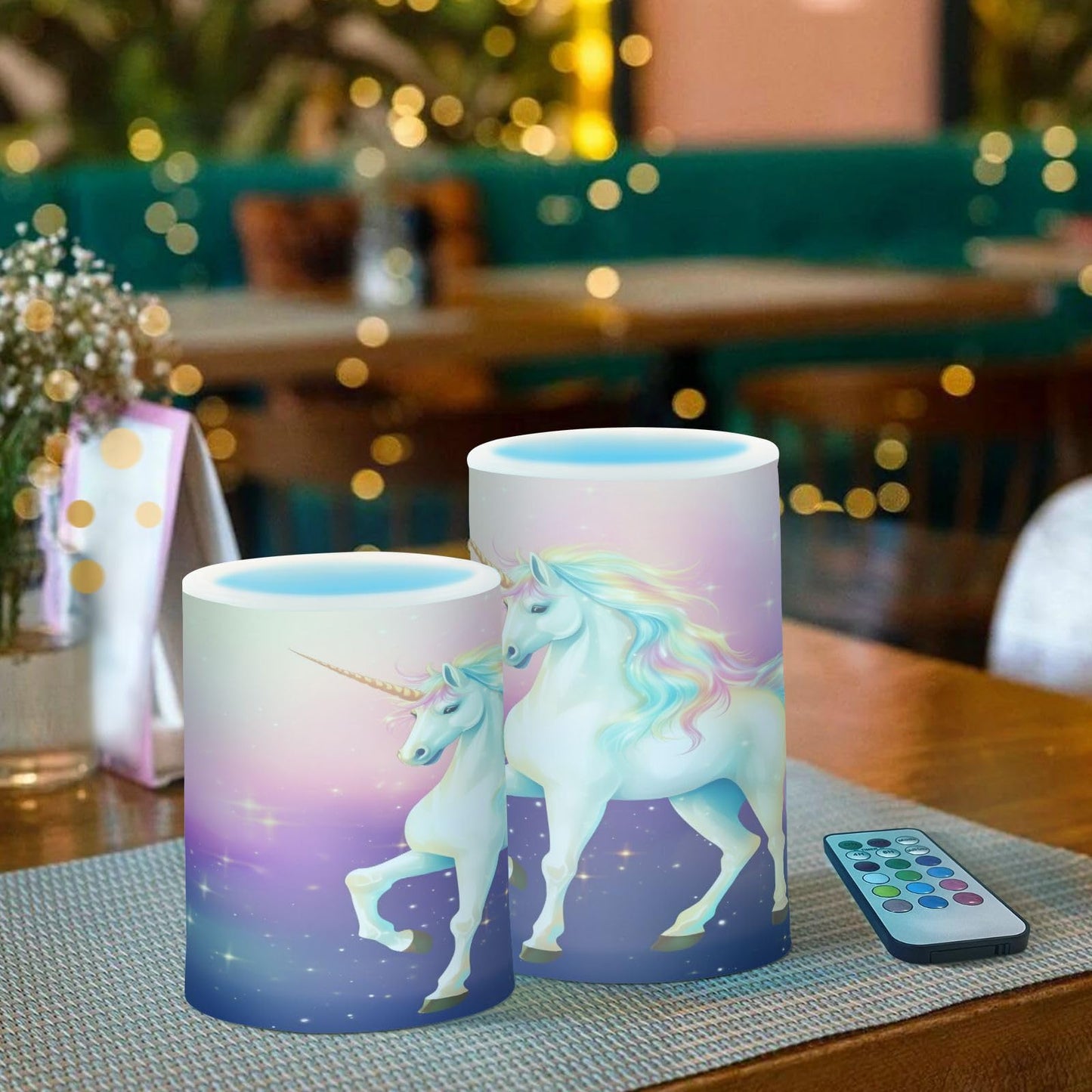Lights Flameless Candles Rainbow Fairy Unicorn Stars Pillar Candles Set of 2 Battery Operated Remote Control Warm Lights Home Decor