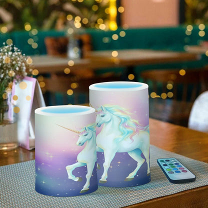 Lights Flameless Candles Rainbow Fairy Unicorn Stars Pillar Candles Set of 2 Battery Operated Remote Control Warm Lights Home Decor