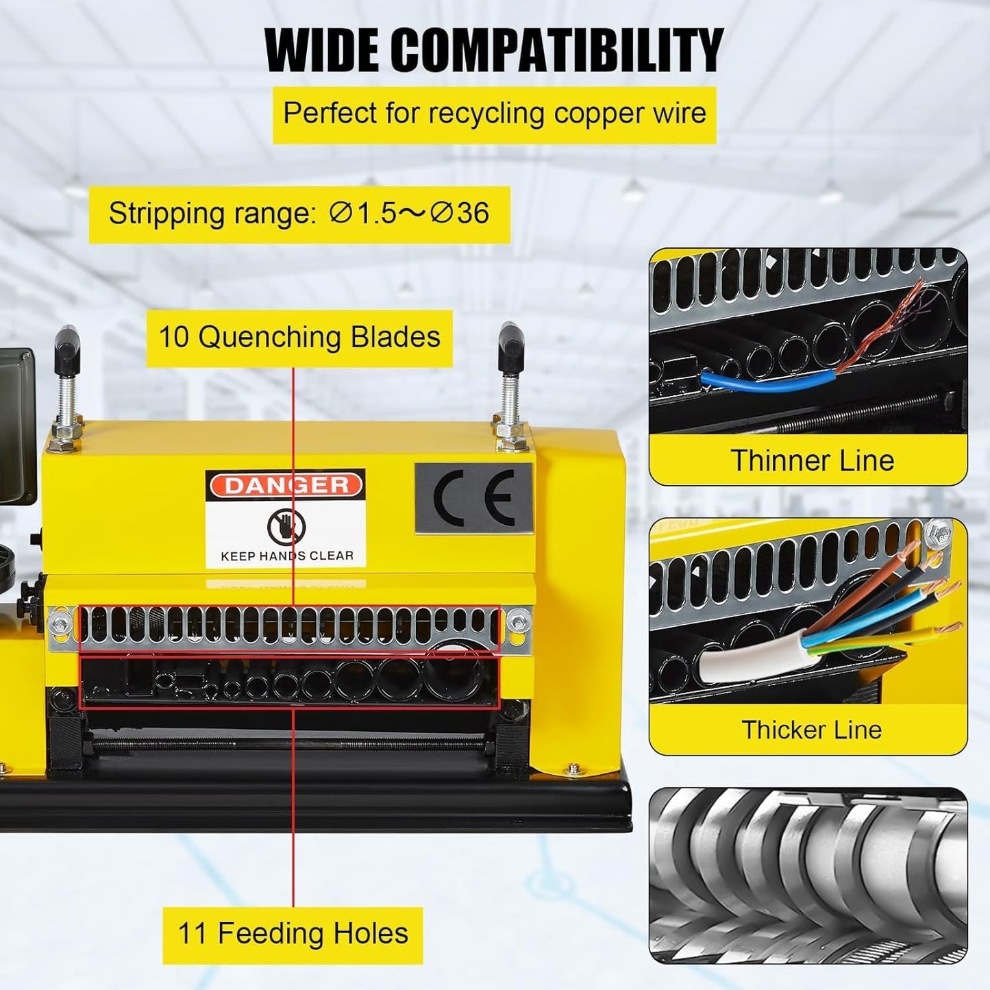 Wire Stripping Machine 0.06 inch -1.5 inch, 370w Portable Powered Wire Stripper Machine, 11 Channels 10 Blades & 65ft/minute, Automatic Wire Stripping Tool for Recycling Copper Wire