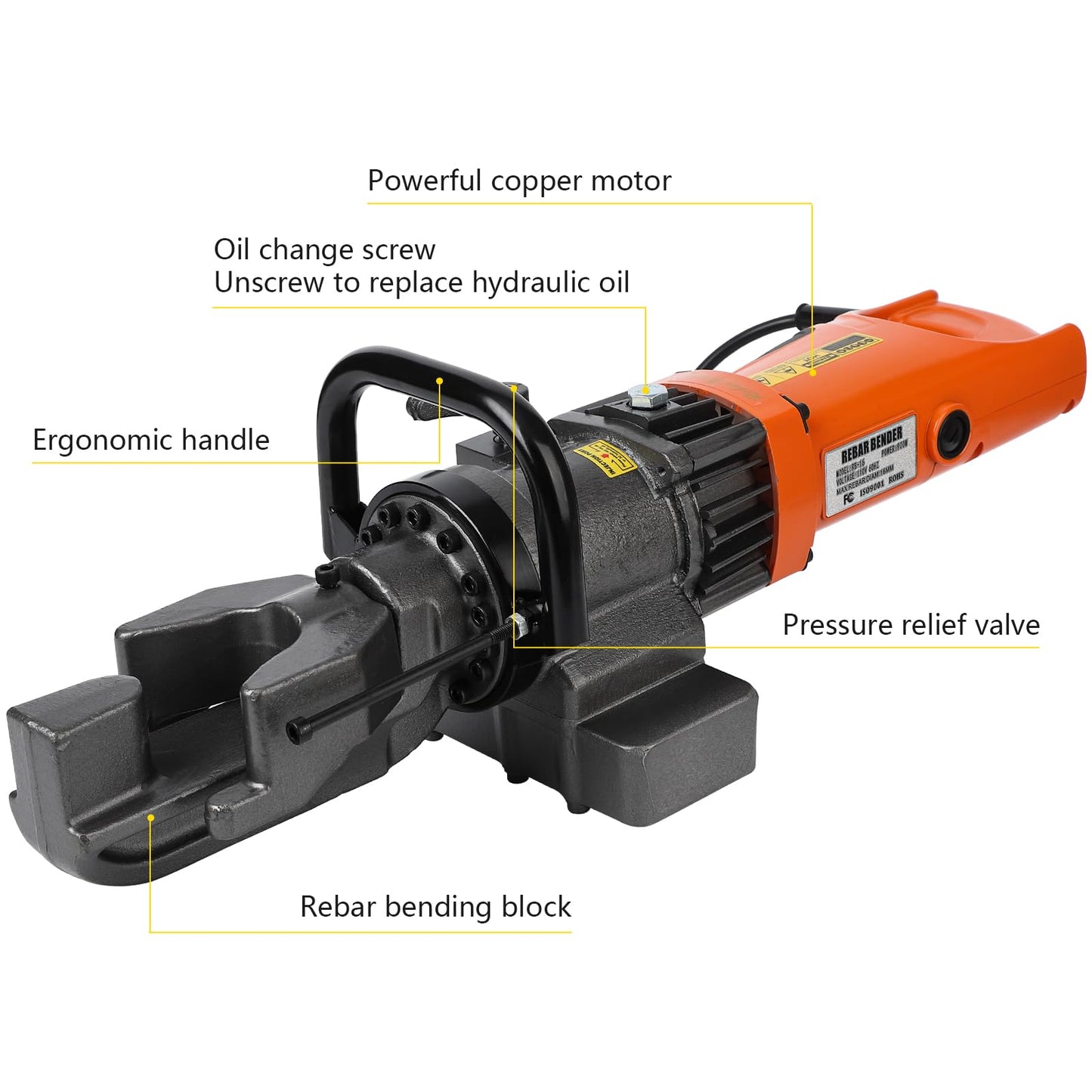 Electric Hydraulic Rebar Bender, 900W, 5/8 Inch #5 16mm Rebar Bender Tool, Hand Held Meatal Steel Copper Rod Bender Machine, Bending Angle 0-130 degree (900W 110V RB-16)