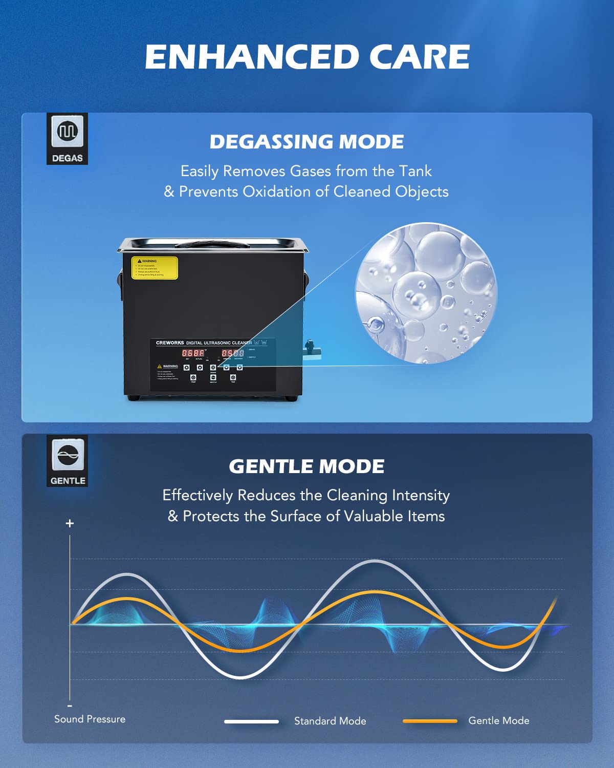 CREWORKS 6L Digital Ultrasonic Cleaning Machine with Degas and Gentle Mode, 180W Ultrasonic Cleaner Machine with Heater and Timer, 1.6 gal Ultrasound Cleaner for Retainer Jewelry Lab Tool Auto Part