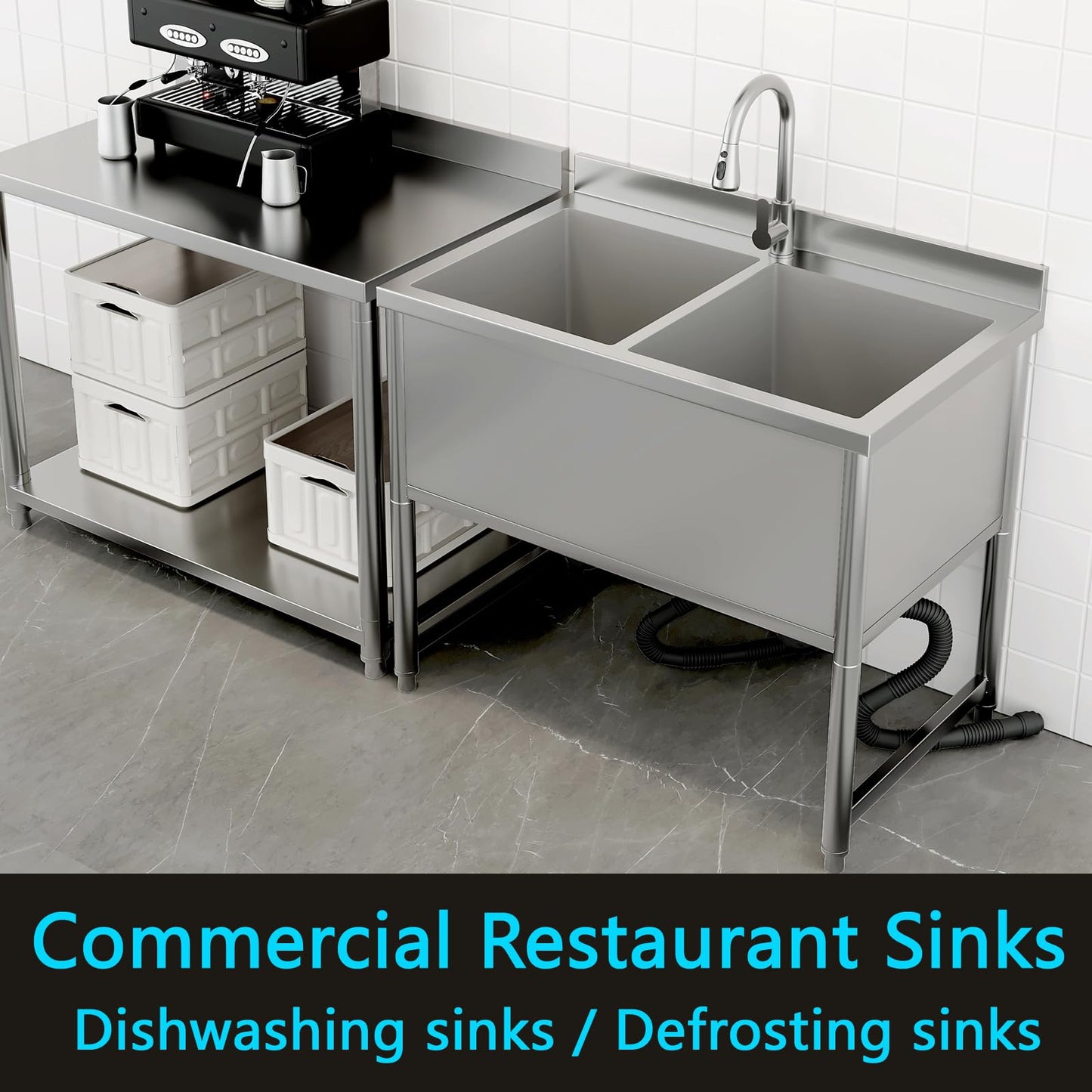 35" Stainless Steel Commercial Sink 2 Bowl Freestanding Kitchen Sink with Pull-out Faucet, Large Utility Sink for Kitchen, Dishwashing, Thawing, Laundry Room, Garage, Outdoor, Total Capacity 36 Gallon