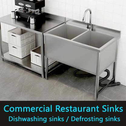 35" Stainless Steel Commercial Sink 2 Bowl Freestanding Kitchen Sink with Pull-out Faucet, Large Utility Sink for Kitchen, Dishwashing, Thawing, Laundry Room, Garage, Outdoor, Total Capacity 36 Gallon