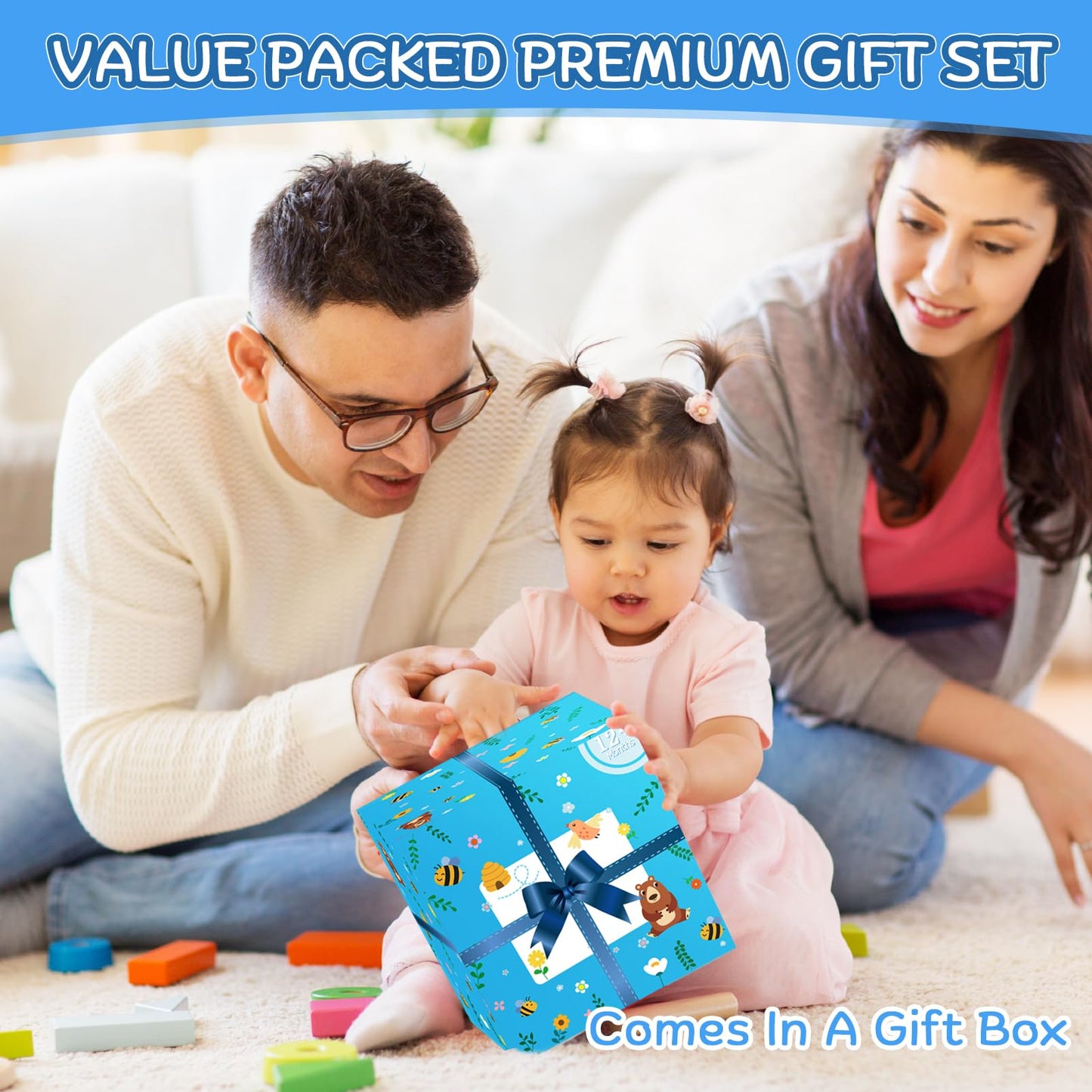 Wooden Activity Cube | Montessori Toys for 1 2 3 Year Old Toddlers | One Year Old 1st 2st First Birthday Gift | Educational Toys for 12+ Months Baby Boys Girls | Bonus Sorting & Stacking Game (Blue)