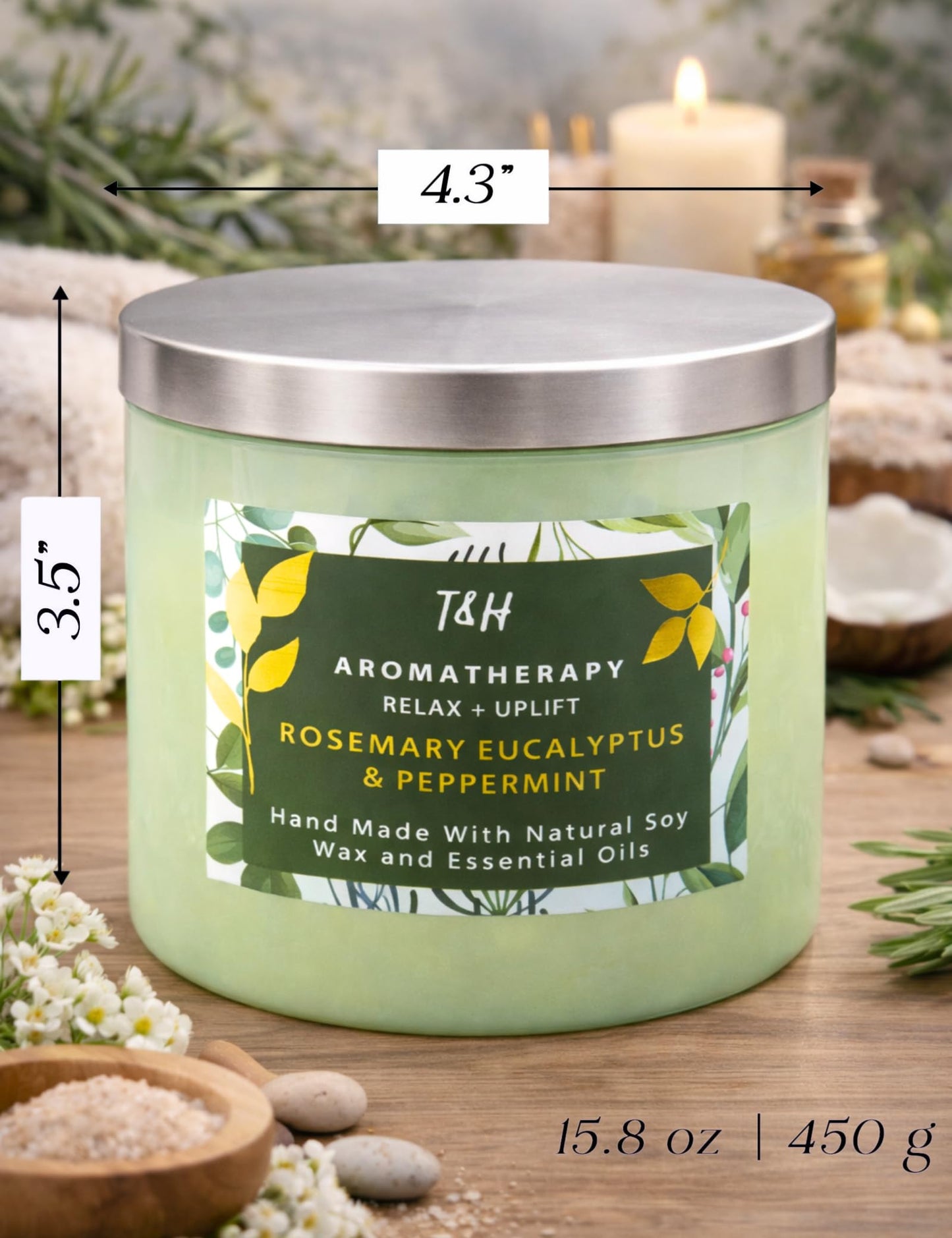 Rosemary Eucalyptus Peppermint 3 Wick Candle for Home Scented | 15.8 oz Large Soy Candle | Spa Aromatherapy Candles for Home Stress Relief | Clean Burn | Gift for Women & Men