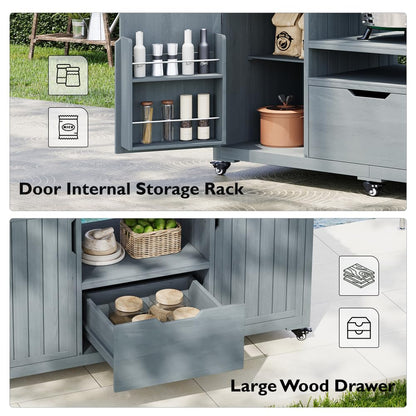 DFCHLDA 66.5" Outdoor Kitchen Island with Stainless Steel Top, Rolling Grill Cart with Adjustable Shelves, Lockable Wheels, Outdoor Table and Bar Storage Cabinet for Patio(Grey+Blue)