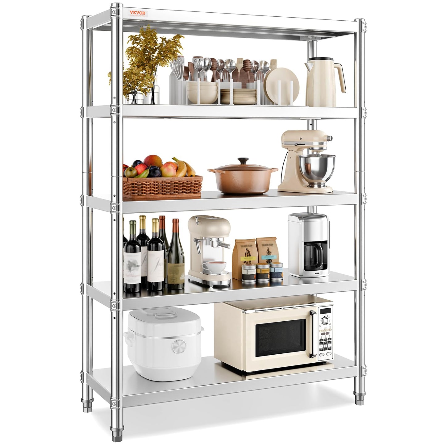 VEVOR Stainless Steel Shelving 48x18.5 Inch 5 Tier Adjustable Shelf Storage Unit Stainless Steel Heavy Duty Shelving for Kitchen Commercial Office Garage Storage 330lb Per Shelf