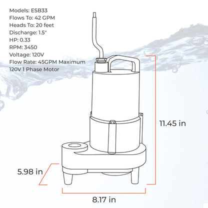 Barnes 130234A Model ESB33 Expel Submersible Sump Pump - High-Efficiency for Residential Use, Cast Iron Vortex Impeller, 1/3 HP, 45GPM, Integral Float Switch, 9-Foot Waterproof Cord, Black