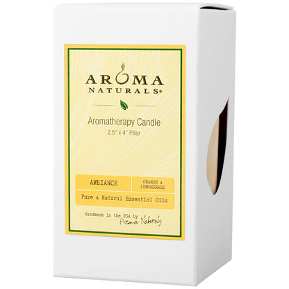 Aroma Naturals Essential Oil Orange and Lemongrass Scented Pillar Candle, Ambiance, 2.5 inch x 4 inch, Yellow