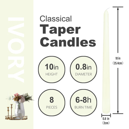 8 Pack 10 Inch Ivory Taper Candles Long Burning Time and Dripless Candles For Dinner Home Decor Wedding Shower