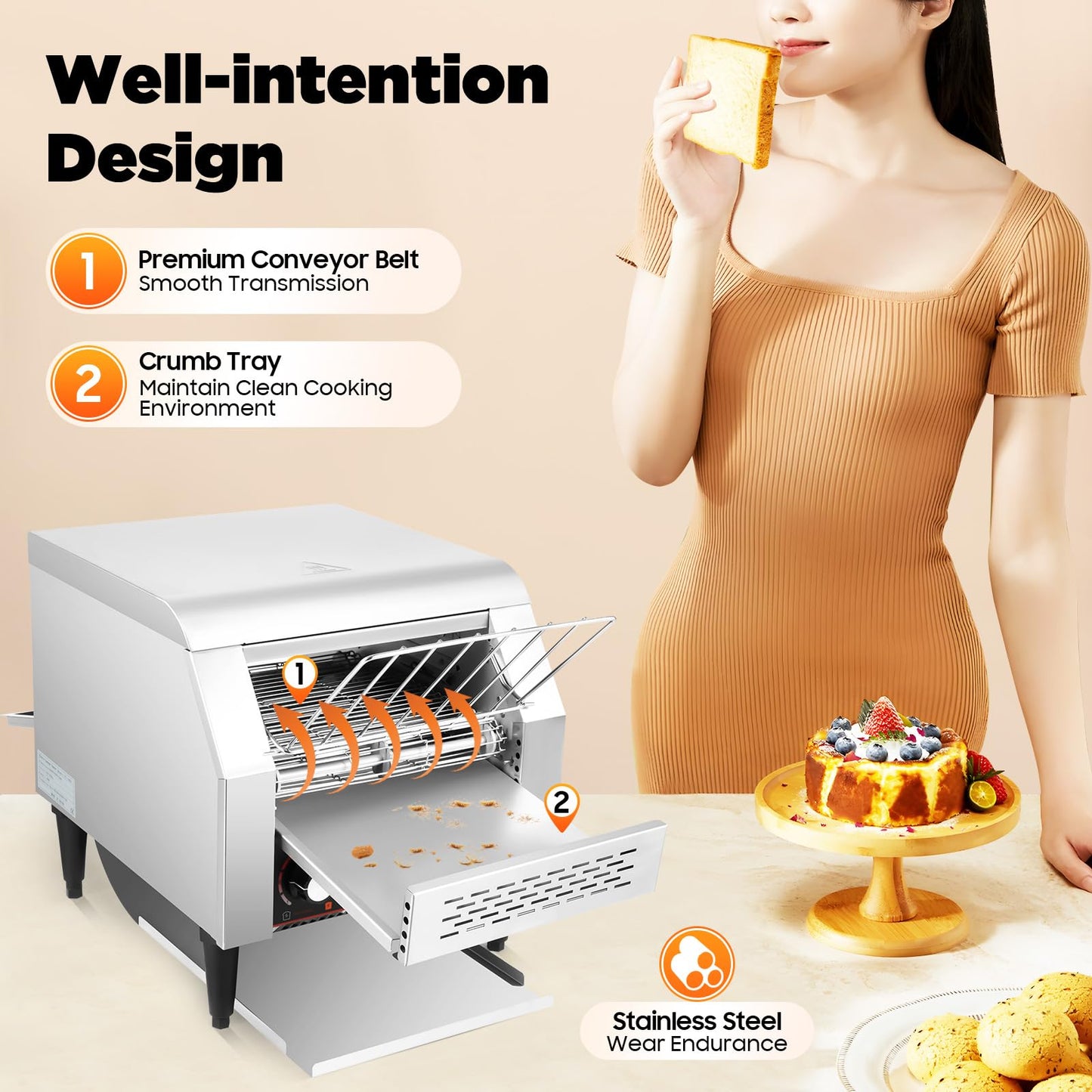 Commercial Conveyor Toaster 300 Slices/Hour,2200W Stainless Steel Heavy Duty Industrial Toasters (with Double Heating Tubes),Stainless Steel Conveyor Toaster for Making Muffins/Toast/Pastries/Waffles