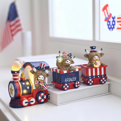 Valery Madelyn 4th of July Highland Cow Train Decorations Lighted LED Memorial Day Decor for Home, High Mountain Yak Train Figurines Red White and Blue Decorations, Patriotic USA 250th Anniversary