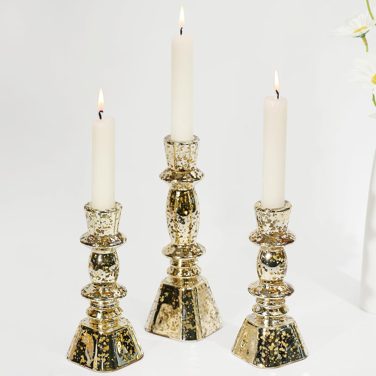 CHOCSTAY Glass Candlestick Holders Set of 3,Mercury Glod Taper Candle Holders for Table Centerpiece, Home Decorations, Wedding and Party