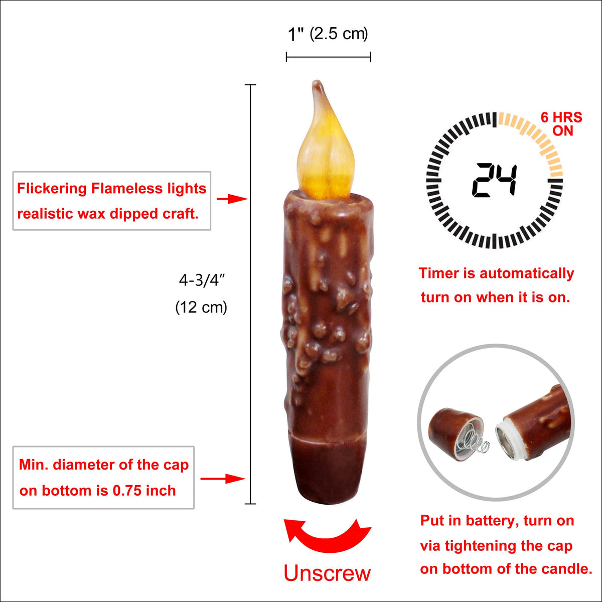 CVHOMEDECO. Real Wax Hand Dipped Battery Operated LED Timer Taper Candles Country Primitive Flameless Lights Décor, 4-3/4 Inch, Coffee, 2 PCS in a Package