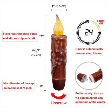 CVHOMEDECO. Real Wax Hand Dipped Battery Operated LED Timer Taper Candles Country Primitive Flameless Lights Décor, 4-3/4 Inch, Coffee, 2 PCS in a Package
