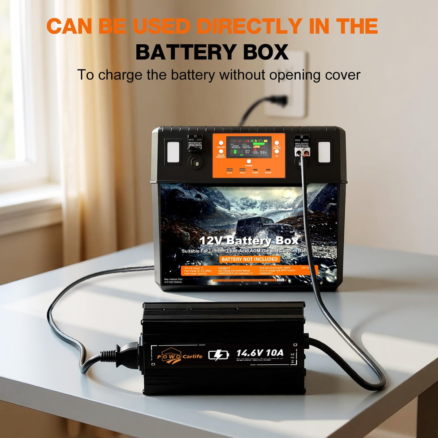 Battery Box for 100/120/300Ah Battery Build-in 40A DCDC Charger and 1000W Pure Sine Wave Inverter, Heavy Duty 12V Box with USB, DC Port and Emergency Lighting for Marine, RV, and Trailer