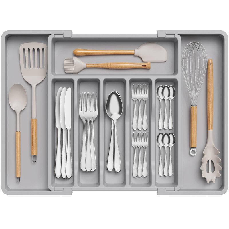 Lifewit Silverware Drawer Organizer, Expandable Utensil Tray for Kitchen, BPA Free Flatware and Cutlery Holder, Adjustable Plastic Storage for Spoons Forks Knives, 13-22 x 15", Grey