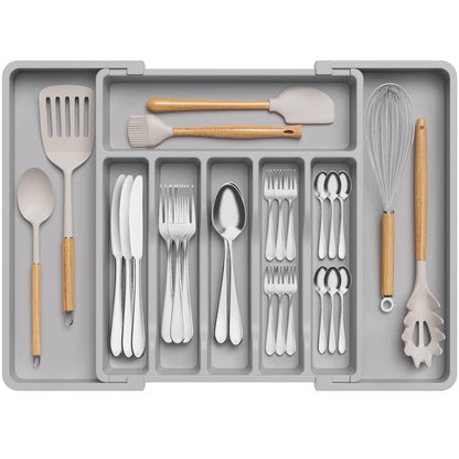 Lifewit Silverware Drawer Organizer, Expandable Utensil Tray for Kitchen, BPA Free Flatware and Cutlery Holder, Adjustable Plastic Storage for Spoons Forks Knives, 13-22 x 15", Grey