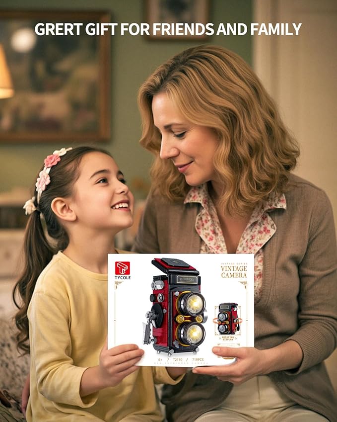 Retro Camera Building Blocks Sets with Lights DIY Camera Building Toys with Twin-Lens Reflex Design Unique Collectible for Home Decor Christmas Birthday Gift for Adults Boys age 8-12(719Pcs)