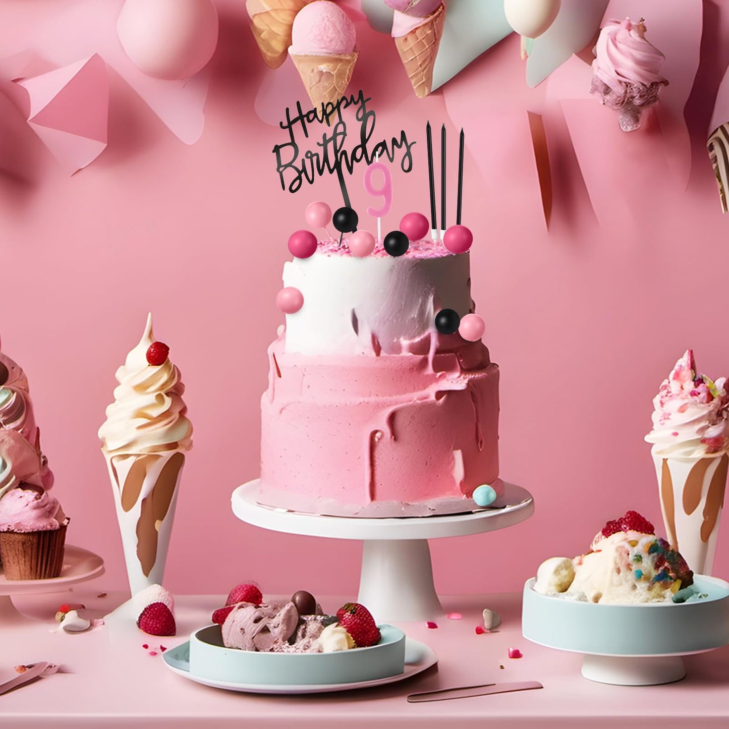 Yerliker 34 Pcs Happy Birthday Cake Toppers Decorations Birthday Candles DIY Cake Decor for Men Women Wedding Anniversary(Black Pink Rose Red)