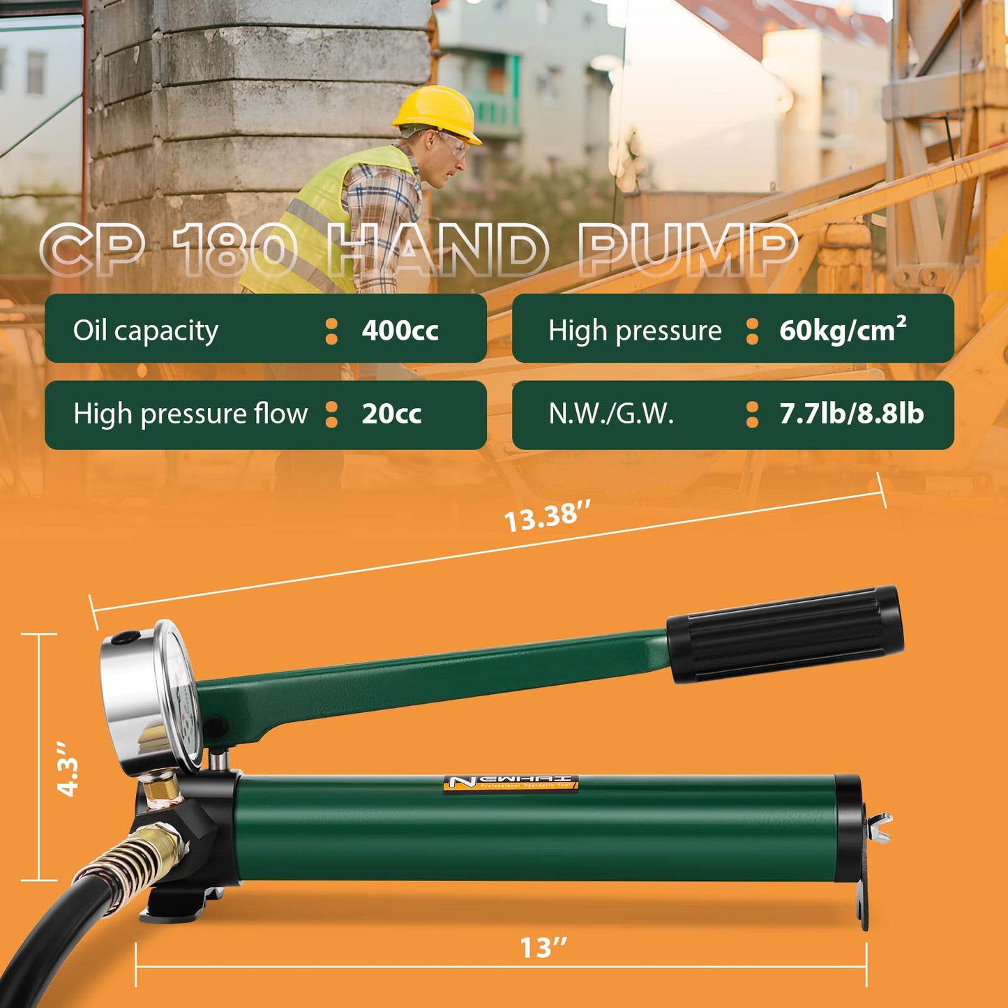 Newhai 10 ton 2” Hydraulic Ram Jack+ cp-180 Hand Pump with Pressure Gauge Hydraulic Porta Power 10 ton kit Low Profile Short Cylinder