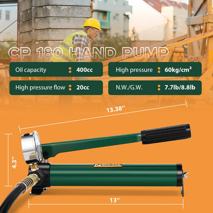 Newhai 20 ton 2” Hydraulic Ram Jack+ cp-180 Hand Pump with Pressure Gauge Hydraulic Porta Power 20 ton Kit Low Profile Short Cylinder