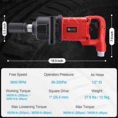 XIIW 1 Inch Air Impact Wrench, Up to 4000 ft-lbs High Reverse Torque, 27.6lbs Lightweight 1'' Pneumatic Impact Gun w/ 2 D Handles 3800RPM for Heavy Duty Repairs