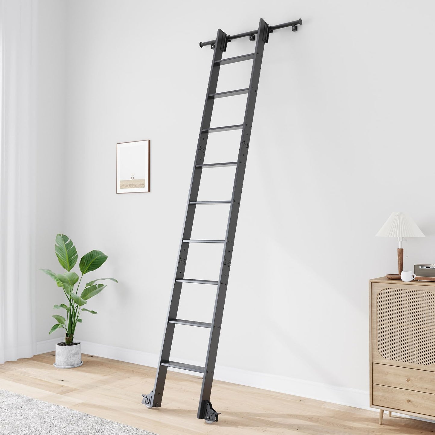Fredbeck Rolling Library Step Ladders 120" with 8FT Sliding Hardware Track Kit for Kitchen,Loft,Warehouses,Bookstore,attic,Metal Black