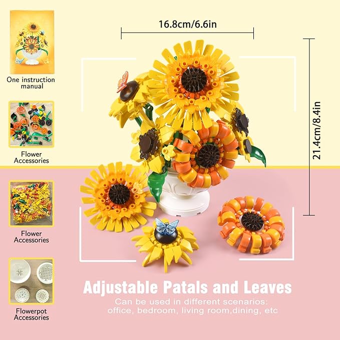 SameTech Sunflower Building Blocks Set with Vase Botanical Collection Artificial Flowers Table Centerpiece for Adults Home Office Decor/Valentine/Mother's Day/Thanksgiving/Easter/Birthday Gifts