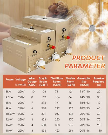 Hapyvergo Steam Shower Generator Kit 3KW for Bath Sauna SPA, Self-draining System, Aromatherapy Steam Head, LED Waterproof Controller, 12-Hour Timer 77-131℉ For Home Commercial Use
