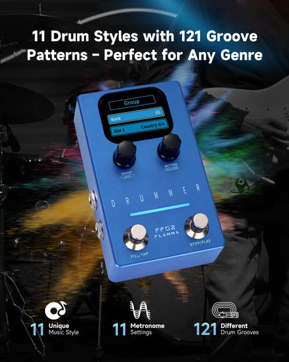 FLAMMA FF02 Drum Machine Guitar Pedal - 121 Drum Grooves, 11 Music Genres, Tap Tempo, Adjustable Rhythms, Stereo I/O for Live & Studio Use
