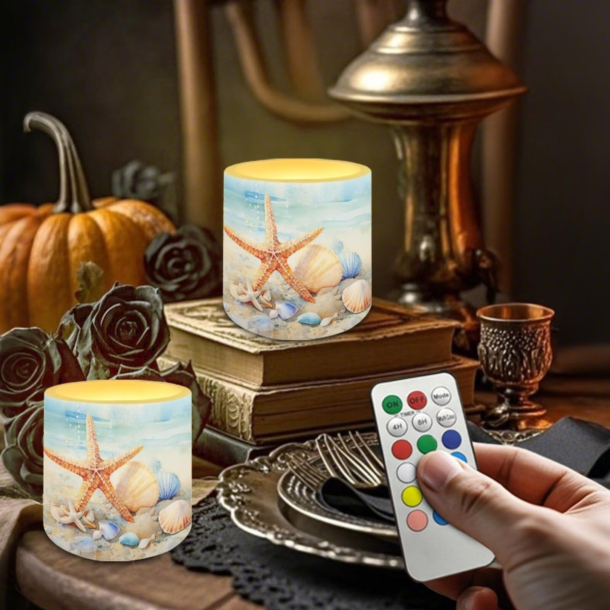 NETILGEN Beachside Starfish Print Flameless LED Candles with Remote Timer Set of 4 Home Decorative Realistic Flickering Flameless Candles with Battery Powered