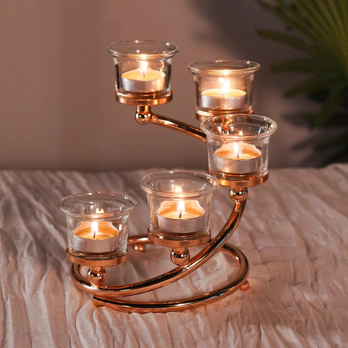 Kolnlala 1Pc Gold 5-arm Metal & Glass Tea Light Candle Holders for Table Centerpiece, Glass Votive Tealight Holders/Candelabra Candlestick Holders for Wedding,Party, Anniversary,Christmas