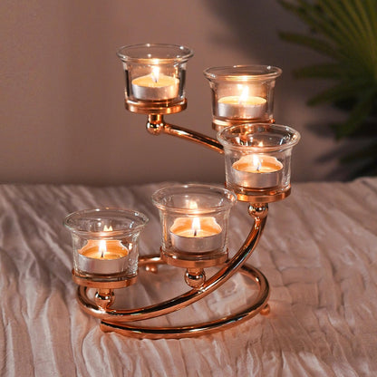 Kolnlala 1Pc Gold 5-arm Metal & Glass Tea Light Candle Holders for Table Centerpiece, Glass Votive Tealight Holders/Candelabra Candlestick Holders for Wedding,Party, Anniversary,Christmas