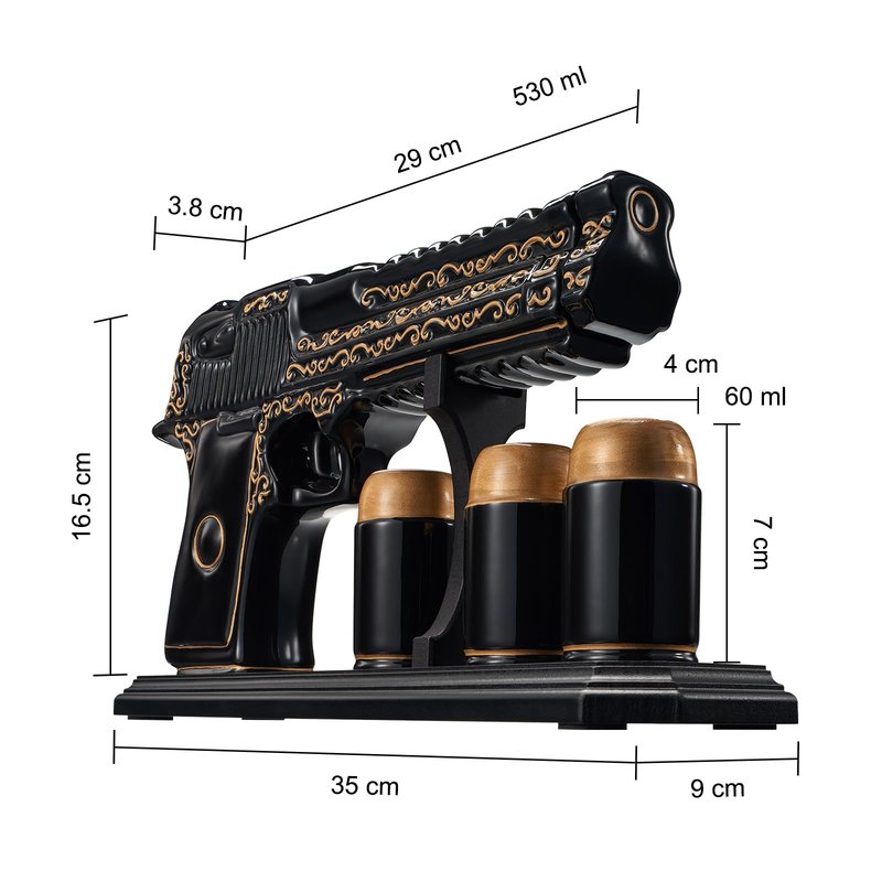 Gifts for Men Dad Hand Painted Gun Whiskey Decanter Set & Shot Glass - Black & Gold & 3 Bullet Shots - Unique Birthday Christmas Gift for Brother, Cool Anniversary Present Him Husband, Pistol Liquor